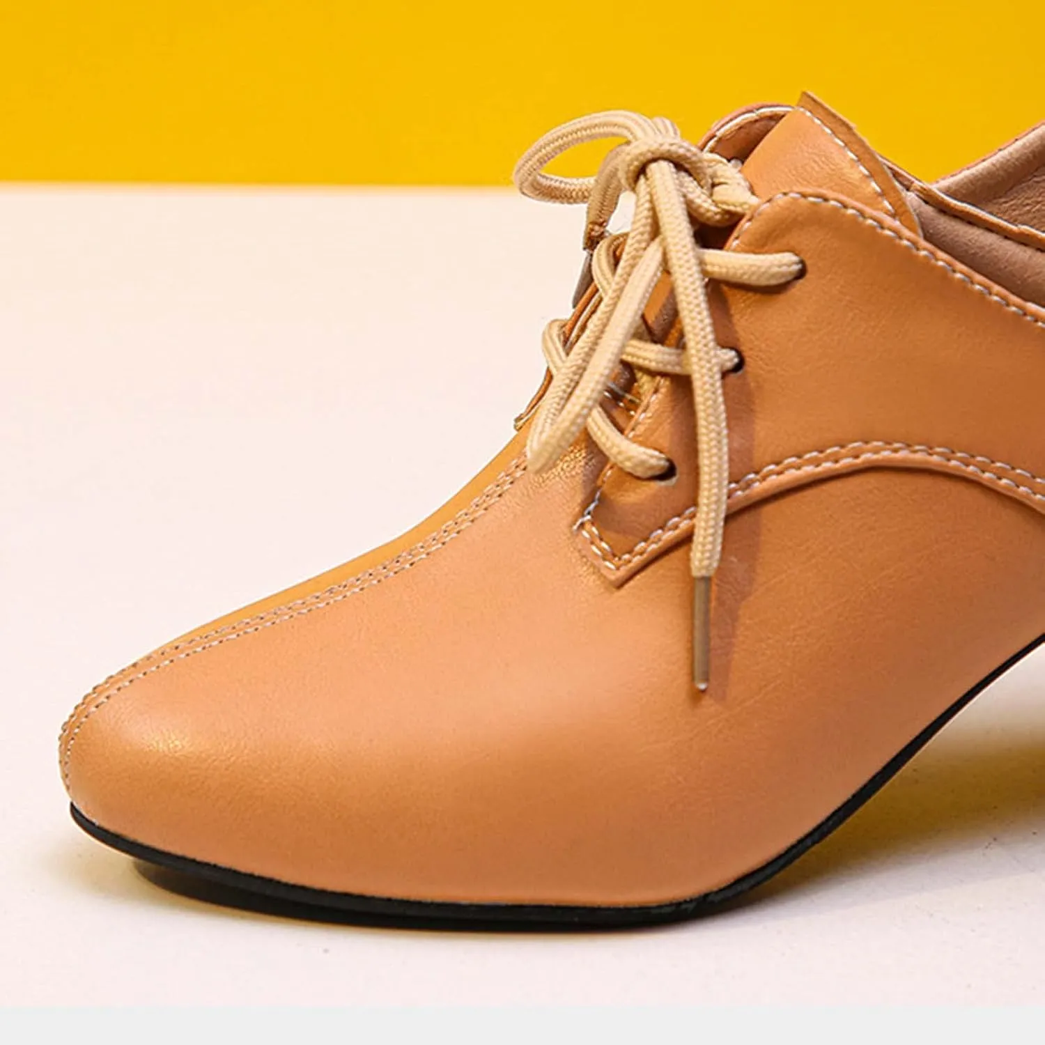 Leather Shoes for Women's British Style Chunky Heels Pointed Toe Lace up Dress Shoes Low Top Slip On Loafer Sneaker