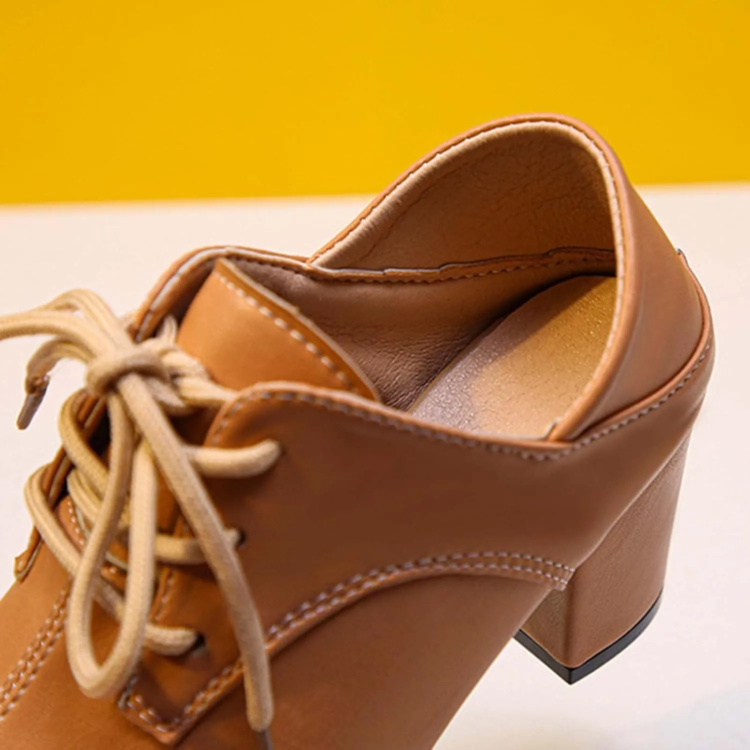 Leather Shoes for Women's British Style Chunky Heels Pointed Toe Lace up Dress Shoes Low Top Slip On Loafer Sneaker