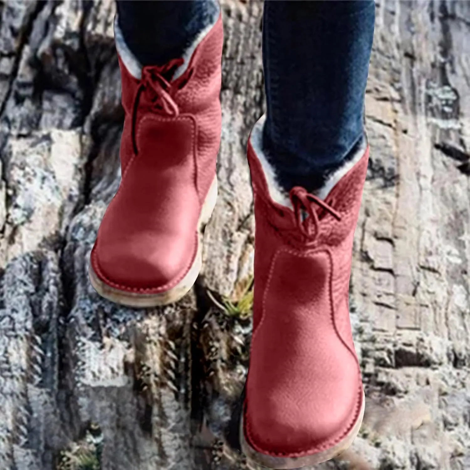 Leather Water Proof Insulated Boots for Women Fashionable Solid Mid Calf Boots Fleece Lined Puffy Snow Boots for Women