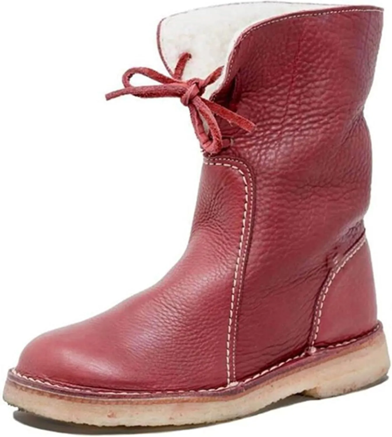 Leather Water Proof Insulated Boots for Women Fashionable Solid Mid Calf Boots Fleece Lined Puffy Snow Boots for Women