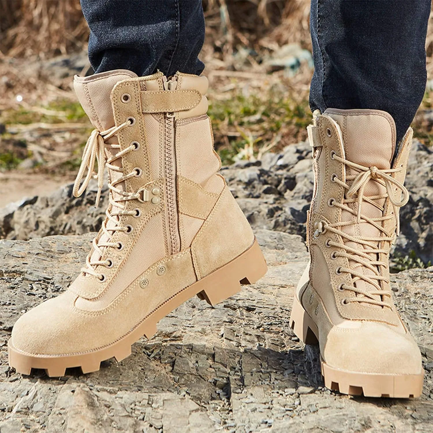 Men Desert Tactical Military Boots, Mens Working Safty Shoes Breathable Army Combat Boots, Men Hiking Shoes,Brown-39