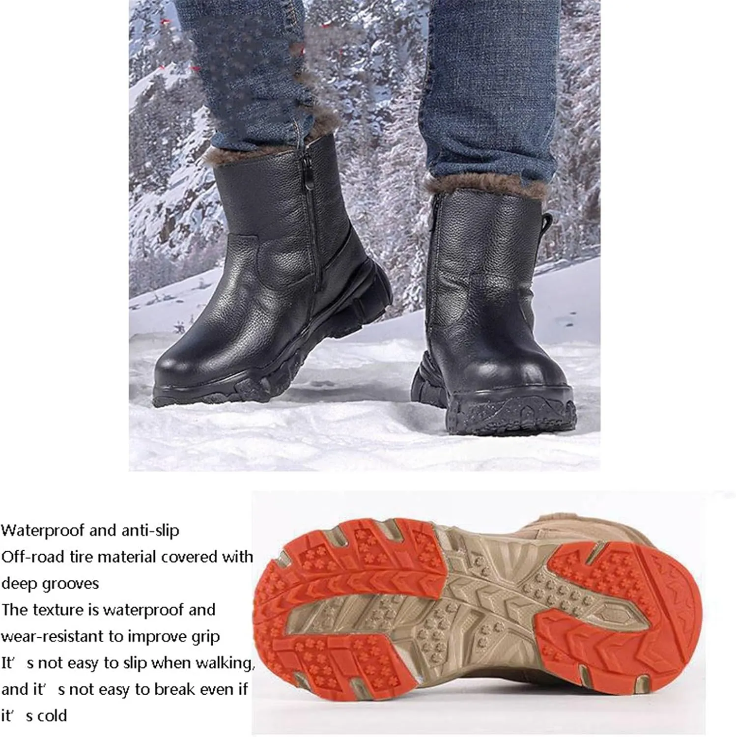 Men Non Slip Snow Boots, Men's Winter Warm Side Zipper Fur Lined Mid Calf Snow Boots, Comfortable Waterproof Hiking Boot, for Cold Weather, Lightweight Outdoor Athletic