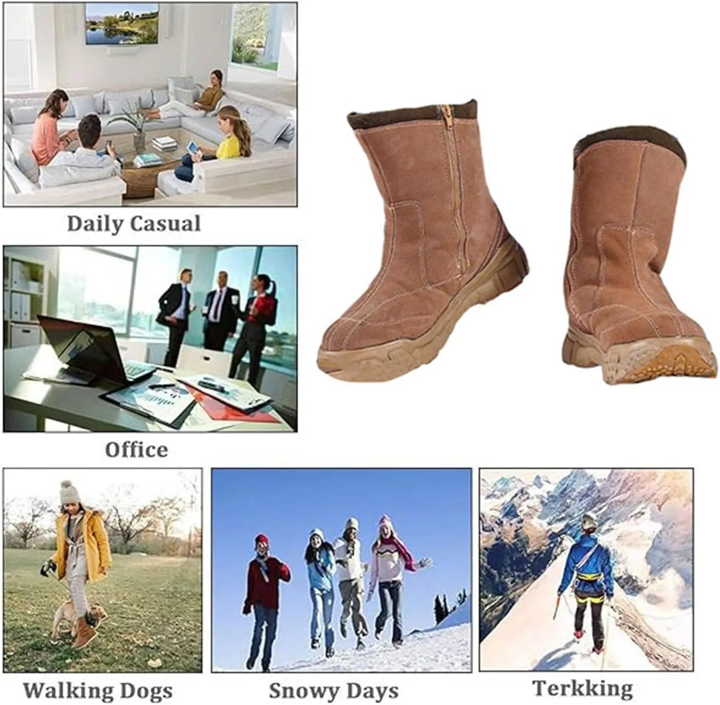 Men Non Slip Snow Boots, Men's Winter Warm Side Zipper Fur Lined Mid Calf Snow Boots, Comfortable Waterproof Hiking Boot, for Cold Weather, Lightweight Outdoor Athletic