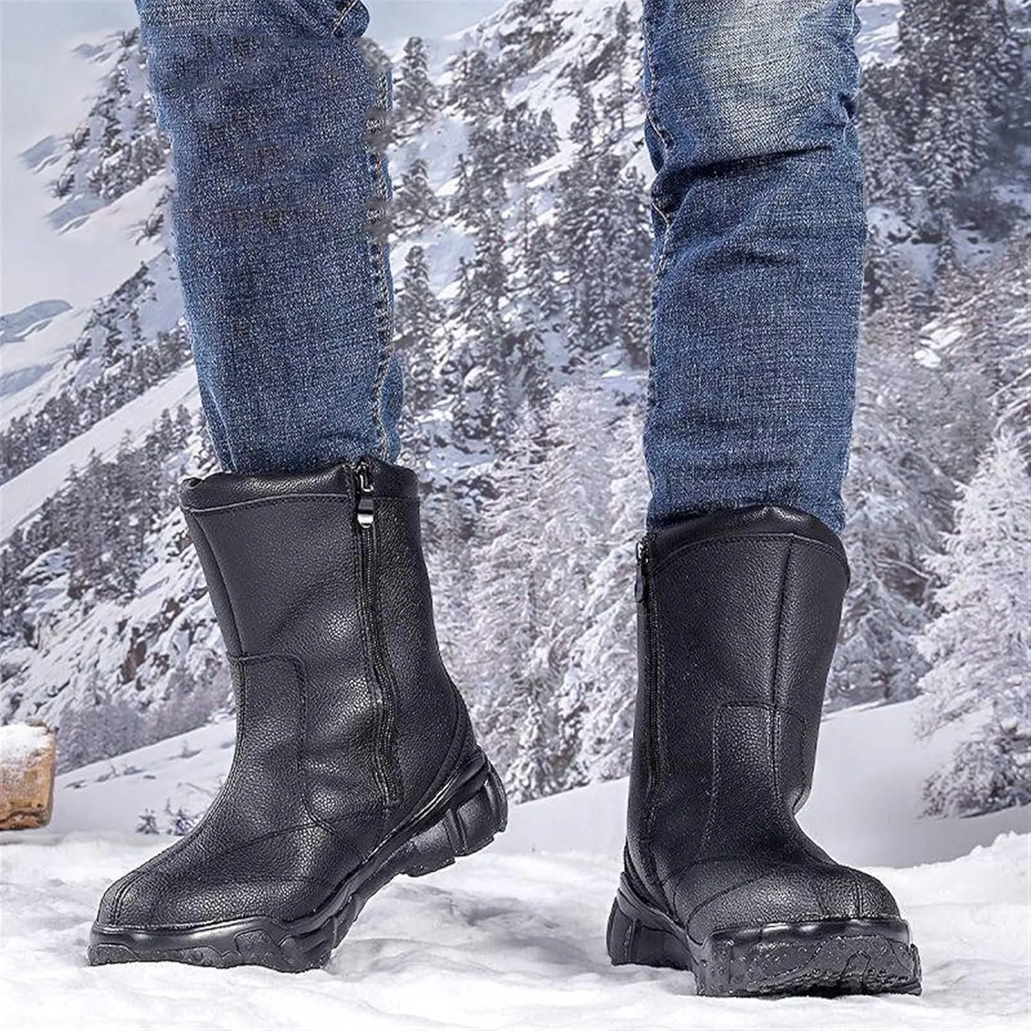 Men Non Slip Snow Boots, Men's Winter Warm Side Zipper Fur Lined Mid Calf Snow Boots, Comfortable Waterproof Hiking Boot, for Cold Weather, Lightweight Outdoor Athletic