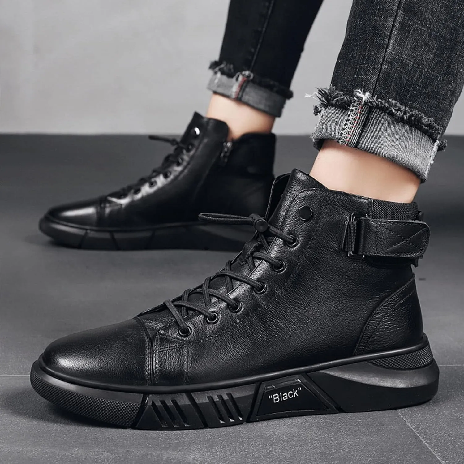 Men's Black Italian High-Top Casual Leather Boots,Round Toe Waterproof Non-slip Shock-absorbing Business Ankle Booties
