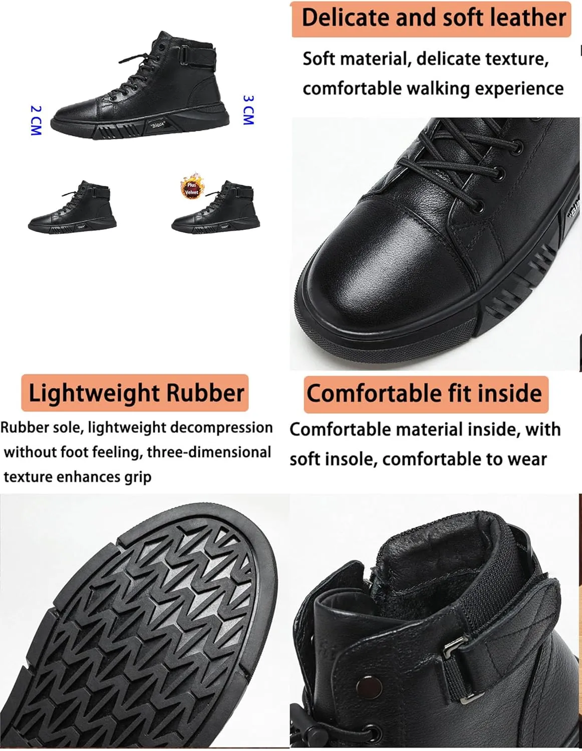 Men's Black Italian High-Top Casual Leather Boots,Round Toe Waterproof Non-slip Shock-absorbing Business Ankle Booties