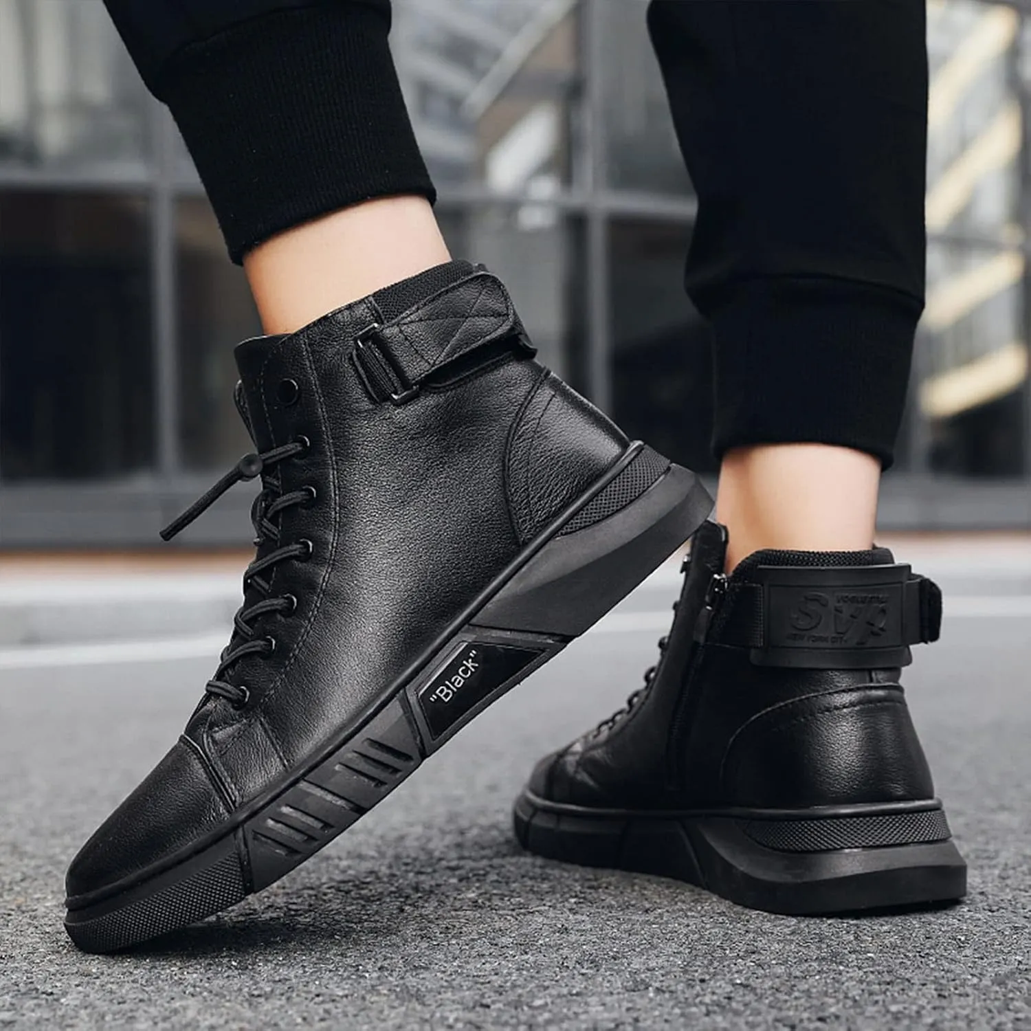 Men's Black Italian High-Top Casual Leather Boots,Round Toe Waterproof Non-slip Shock-absorbing Business Ankle Booties