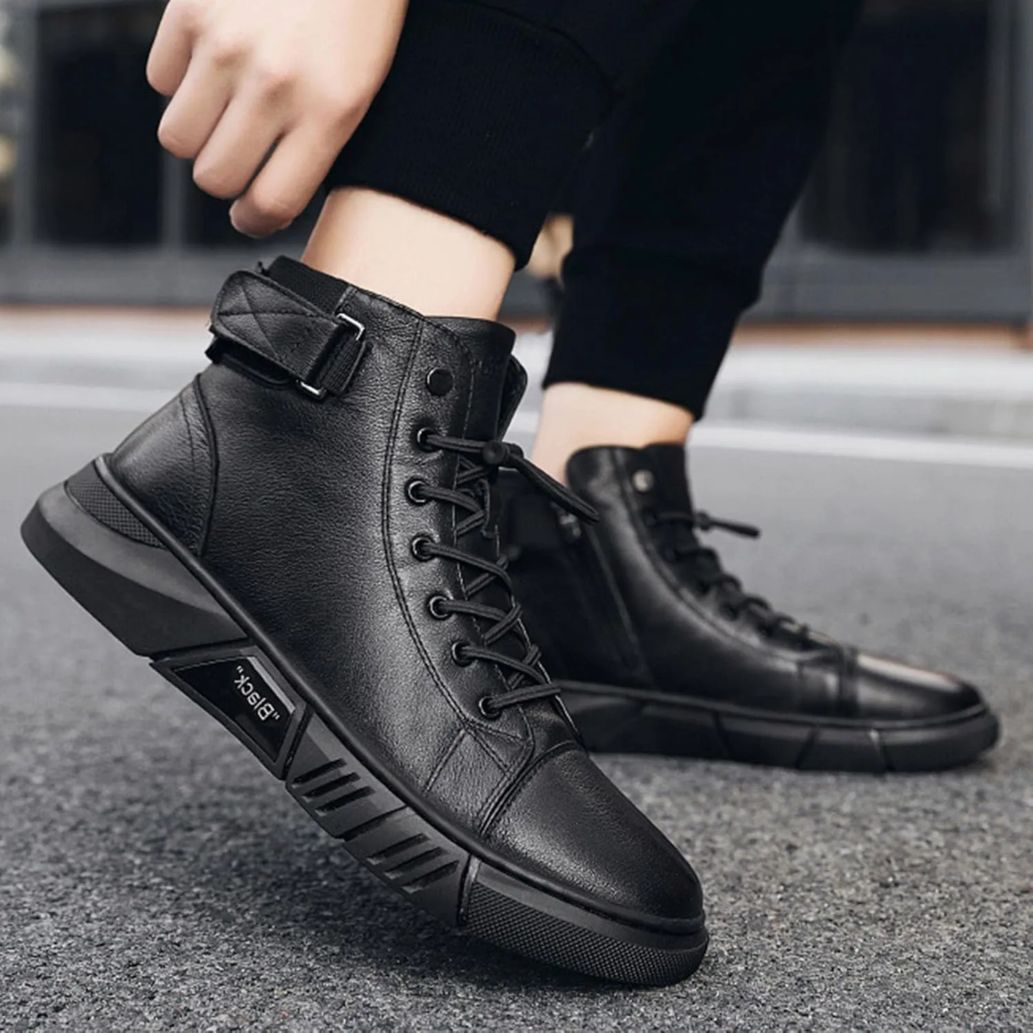 Men's Black Italian High-Top Casual Leather Boots,Round Toe Waterproof Non-slip Shock-absorbing Business Ankle Booties
