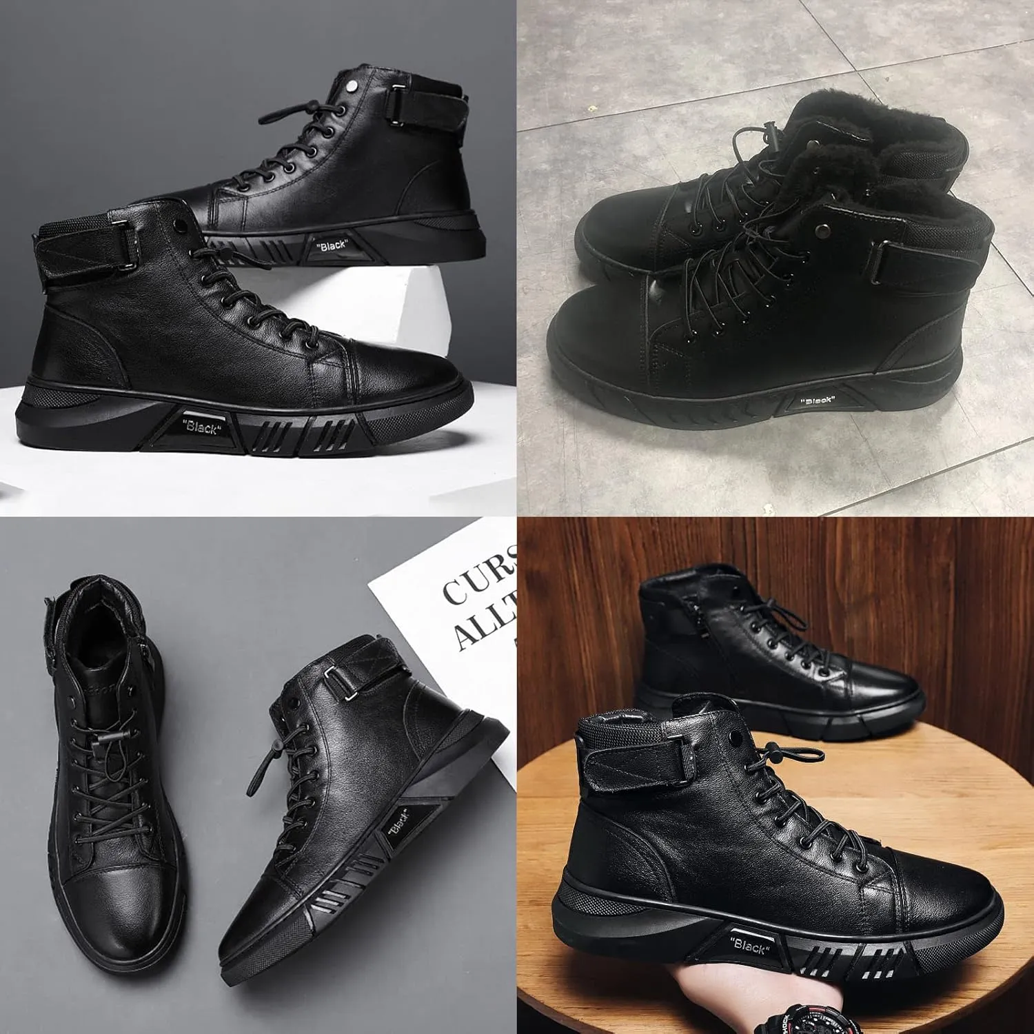 Men's Black Italian High-Top Casual Leather Boots,Round Toe Waterproof Non-slip Shock-absorbing Business Ankle Booties