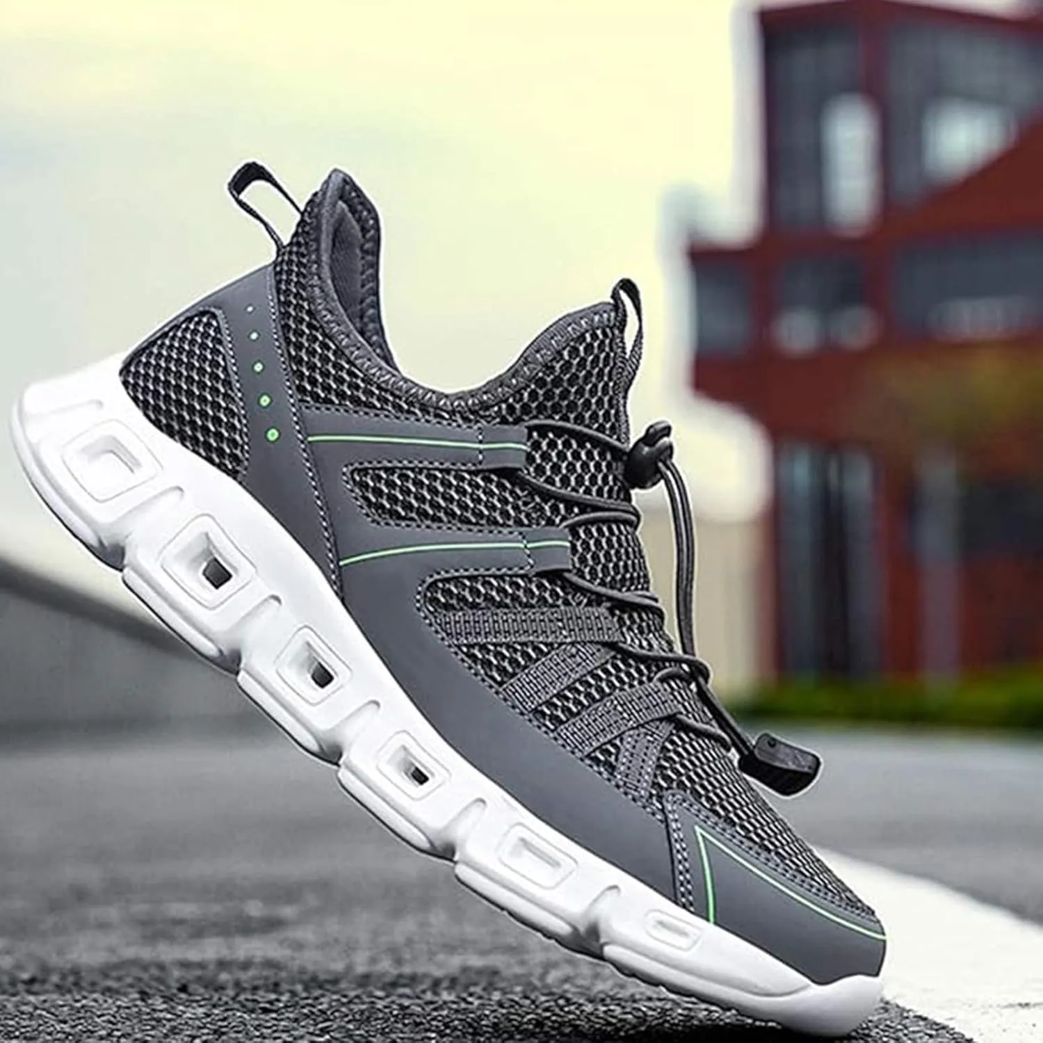 Men's Elastic Strap Trail Running Shoes Breathable Mesh Comfortable Soft Sole Anti-Slip Jogging Training Lightweight Outdoor Hiking Sports Sneakers