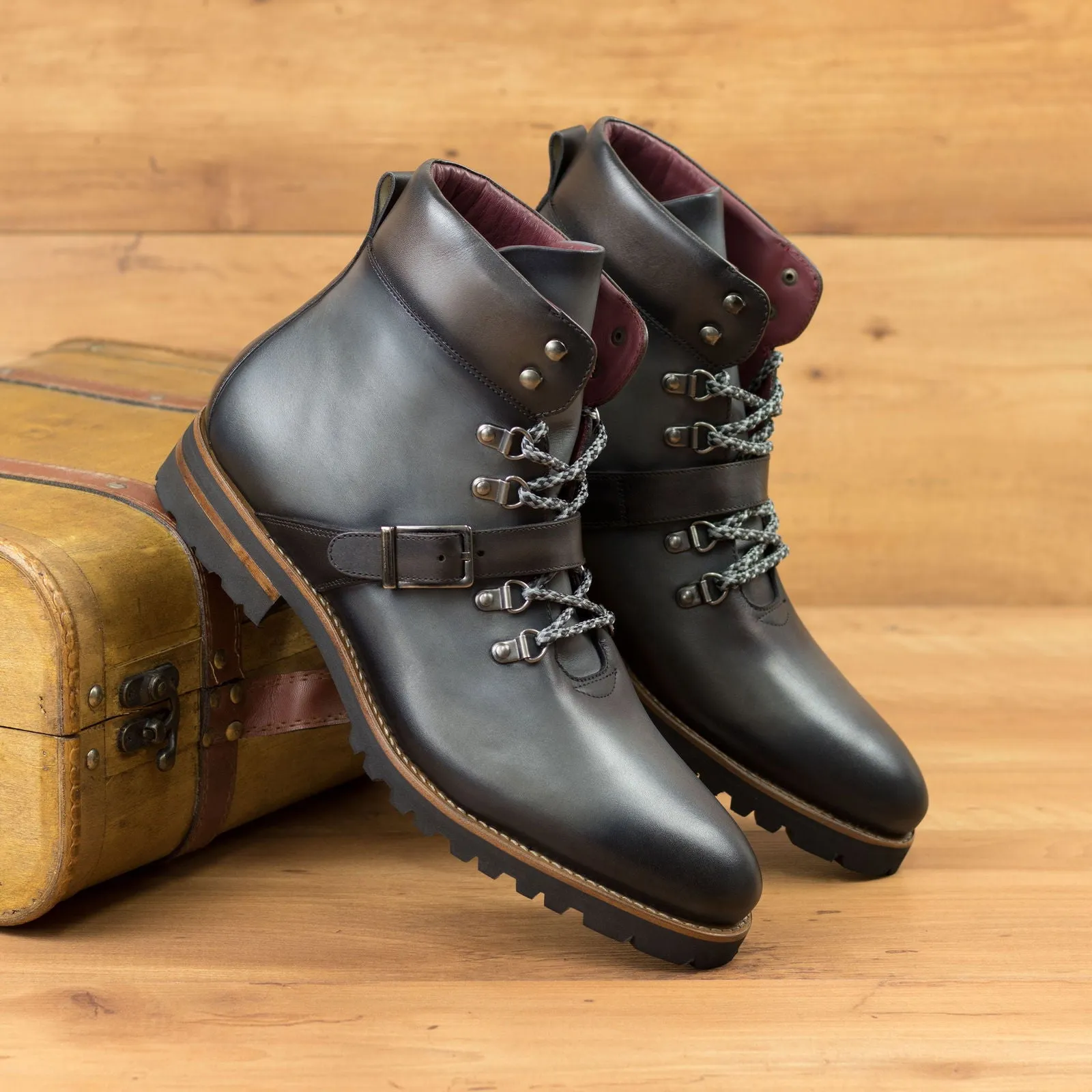 Men's Hiking Leather Boots Wide Plus Size Grey Dark Brown 5193