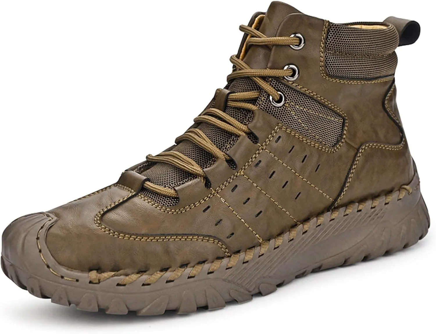 Men's Leather Hand-Sewn Lace-Up Mountaineering Boots Winter Anti-Slip Soft Sole Outdoor Work Military Boots Casual Motorcycle Walking Chukka