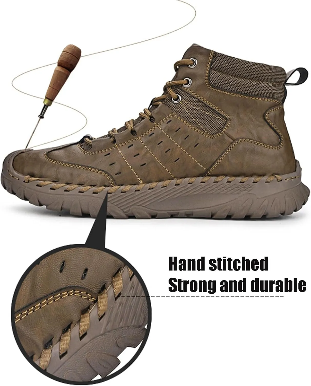 Men's Leather Hand-Sewn Lace-Up Mountaineering Boots Winter Anti-Slip Soft Sole Outdoor Work Military Boots Casual Motorcycle Walking Chukka
