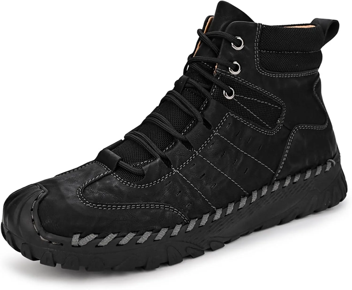 Men's Leather Hand-Sewn Lace-Up Mountaineering Boots Winter Anti-Slip Soft Sole Outdoor Work Military Boots Casual Motorcycle Walking Chukka
