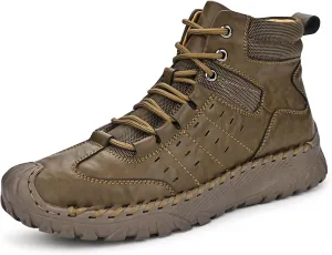 Men's Leather Hand-Sewn Lace-Up Mountaineering Boots Winter Anti-Slip Soft Sole Outdoor Work Military Boots Casual Motorcycle Walking Chukka