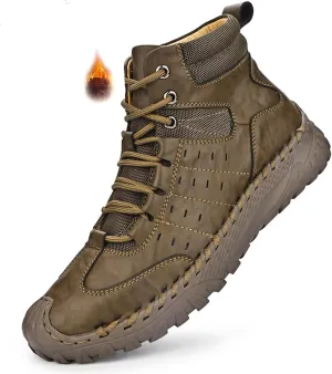 Men's Leather Hand-Sewn Lace-Up Mountaineering Boots Winter Anti-Slip Soft Sole Outdoor Work Military Boots Casual Motorcycle Walking Chukka