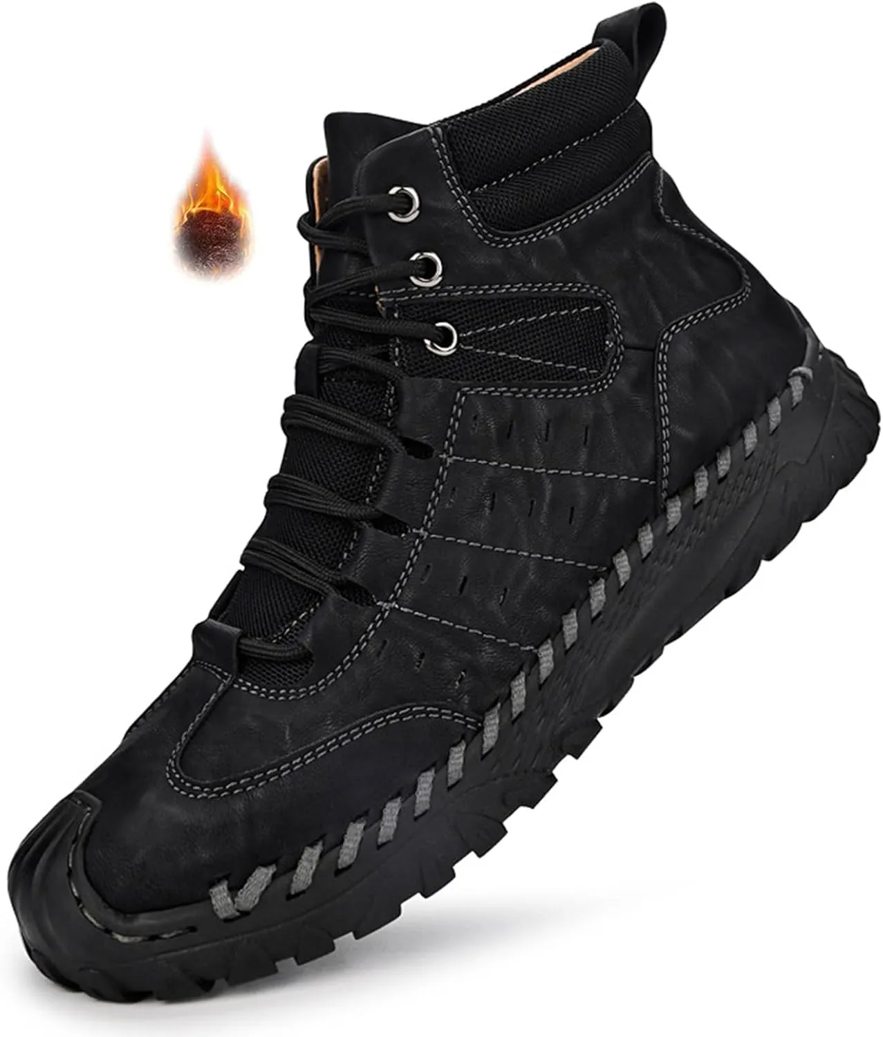 Men's Leather Hand-Sewn Lace-Up Mountaineering Boots Winter Anti-Slip Soft Sole Outdoor Work Military Boots Casual Motorcycle Walking Chukka
