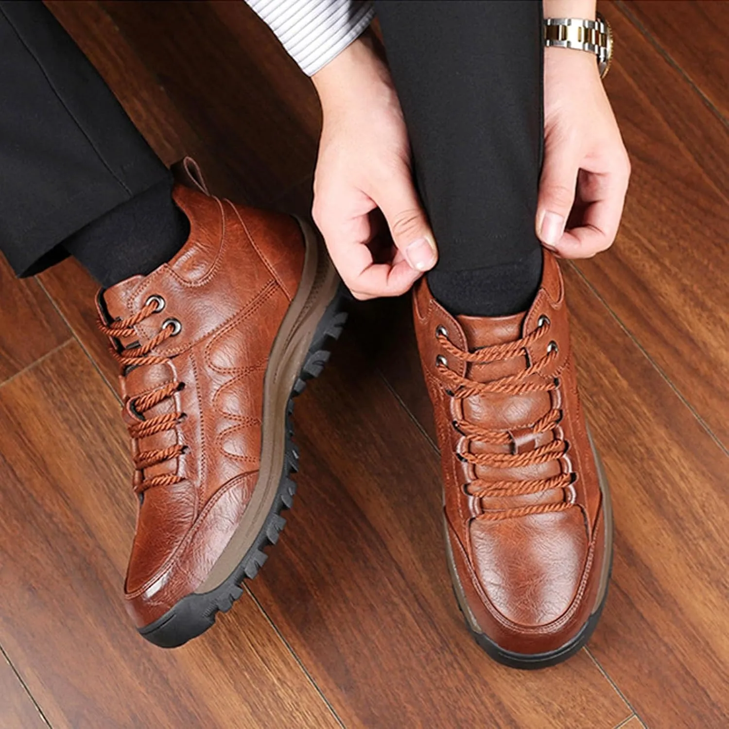 Mens Leather Snow Boots, Non Slip Warm Shoes Hiking Winter Lightweight Outdoor Boots Running Boots for Men