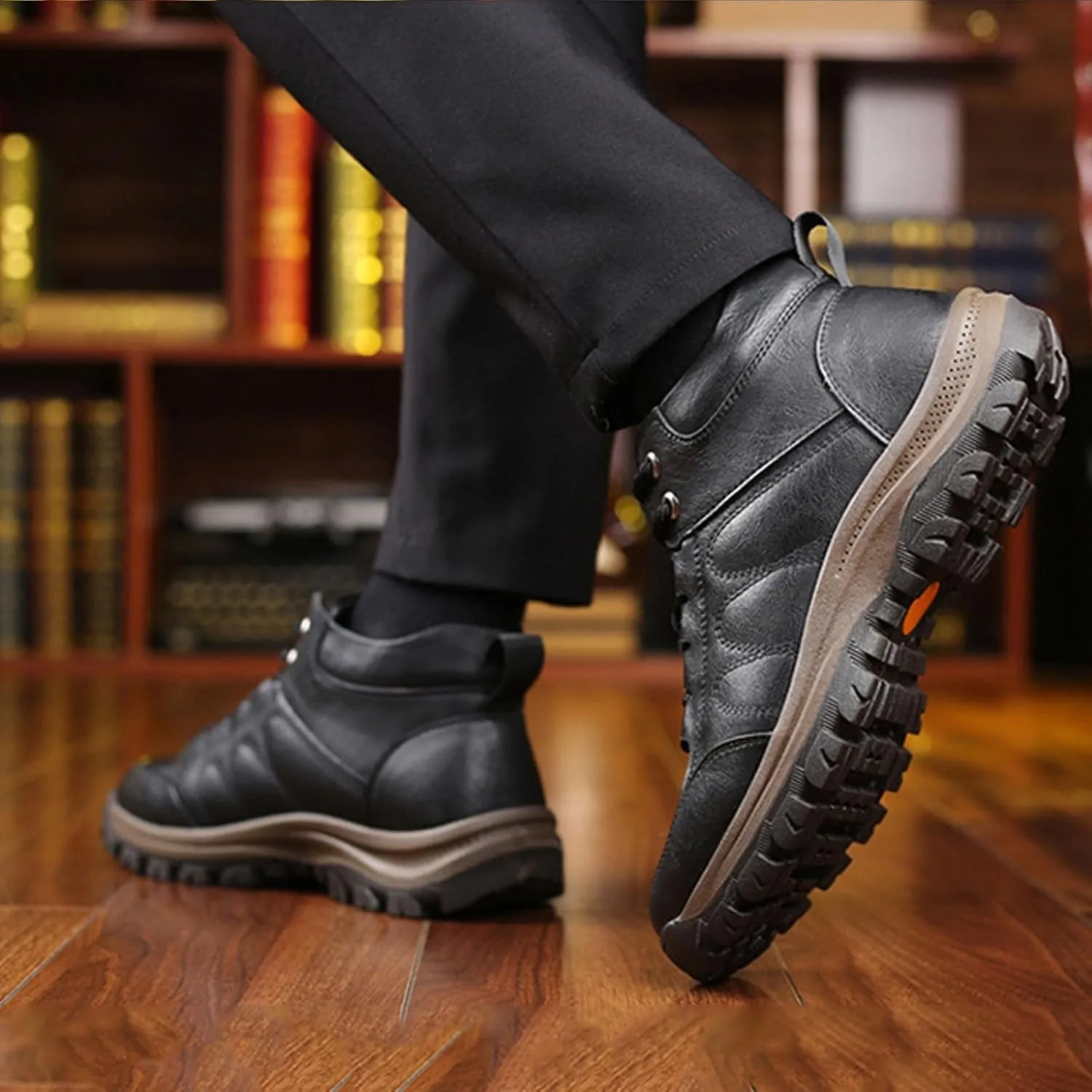 Mens Leather Snow Boots, Non Slip Warm Shoes Hiking Winter Lightweight Outdoor Boots Running Boots for Men