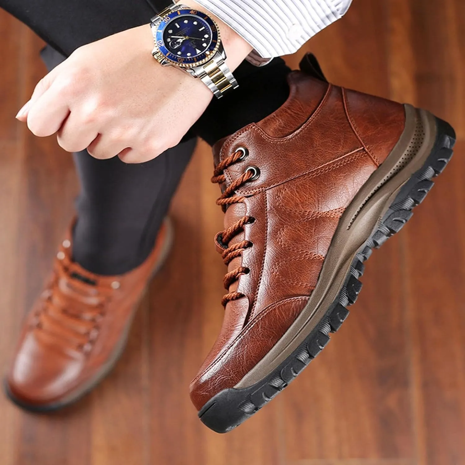 Mens Leather Snow Boots, Non Slip Warm Shoes Hiking Winter Lightweight Outdoor Boots Running Boots for Men