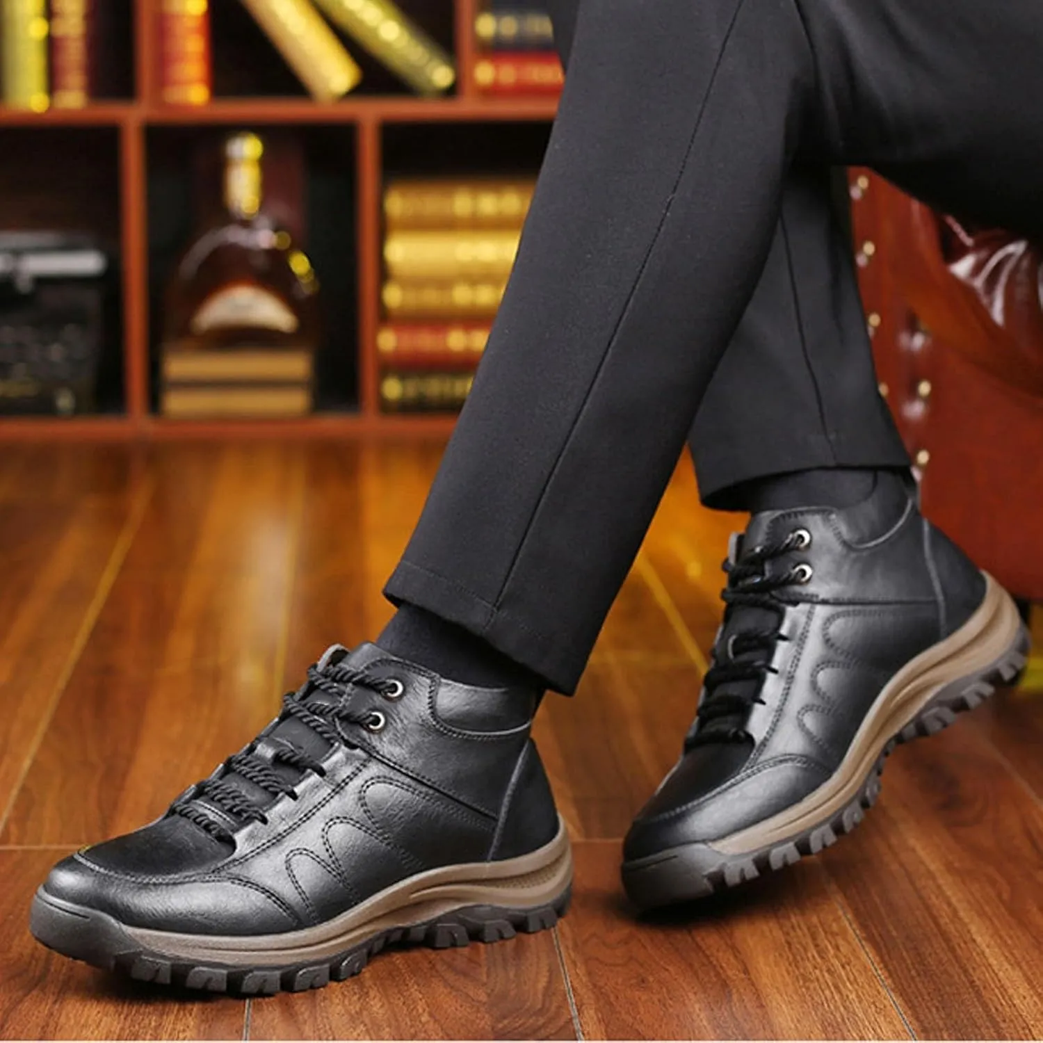 Mens Leather Snow Boots, Non Slip Warm Shoes Hiking Winter Lightweight Outdoor Boots Running Boots for Men