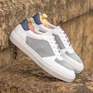 Men's Low Top Trainer Leather Shoes Wide Plus Size Grey White 4754