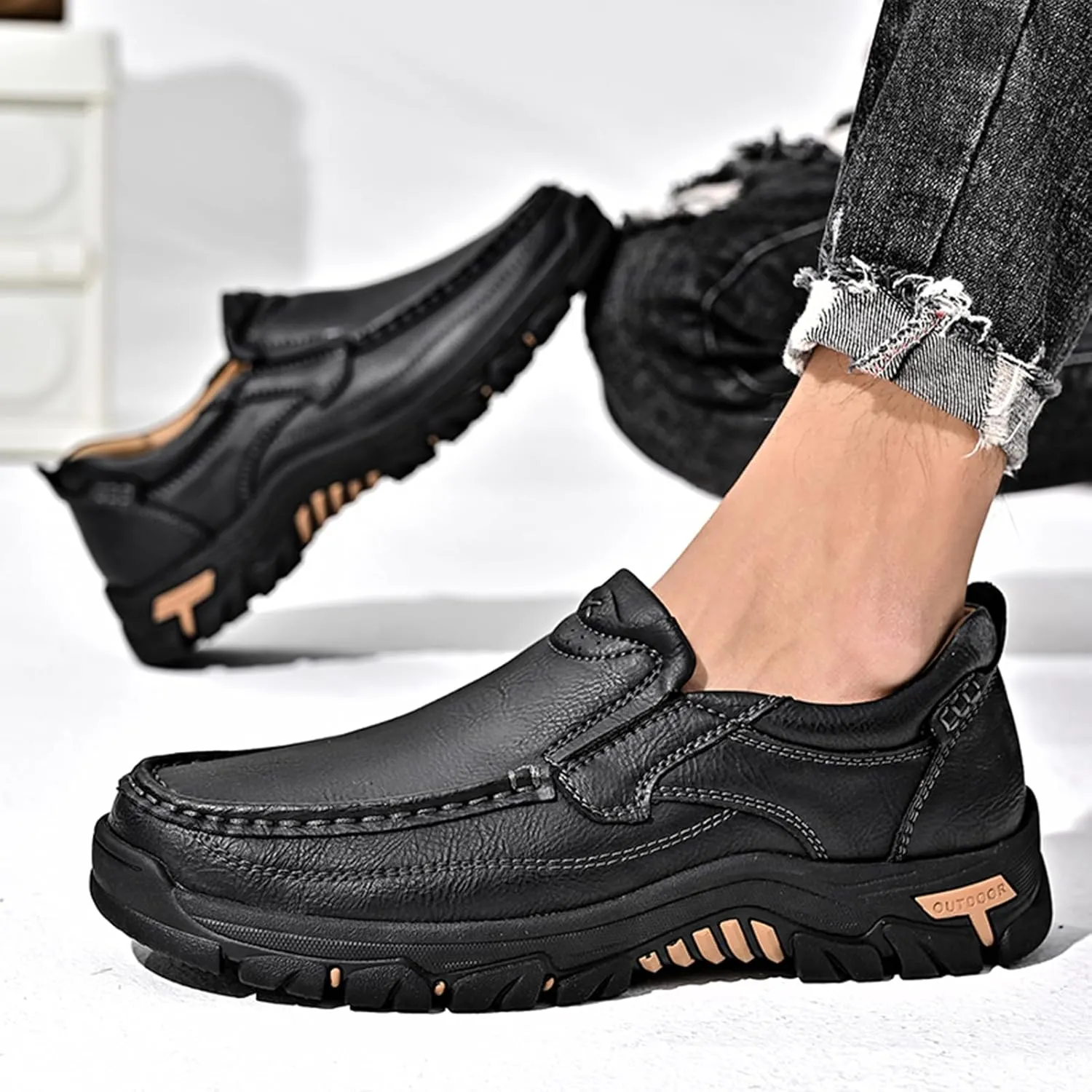 Mens Outdoor Leather Casual Loafers Non-Slip Lightweight Walking Driving Hiking Shoes