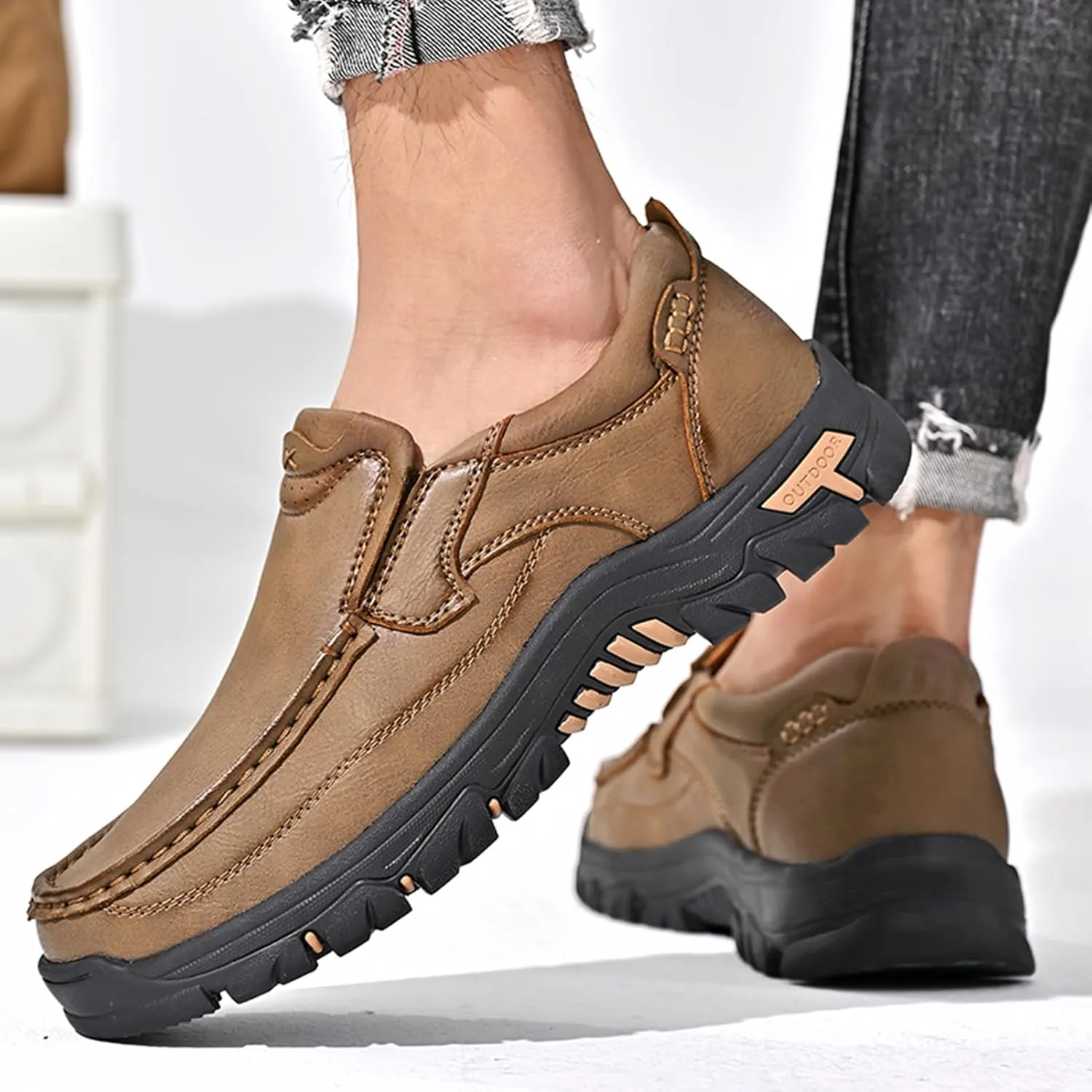 Mens Outdoor Leather Casual Loafers Non-Slip Lightweight Walking Driving Hiking Shoes