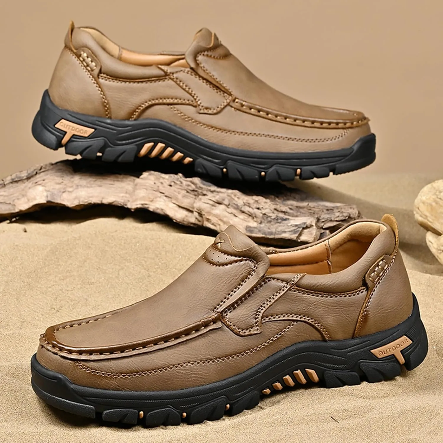 Mens Outdoor Leather Casual Loafers Non-Slip Lightweight Walking Driving Hiking Shoes