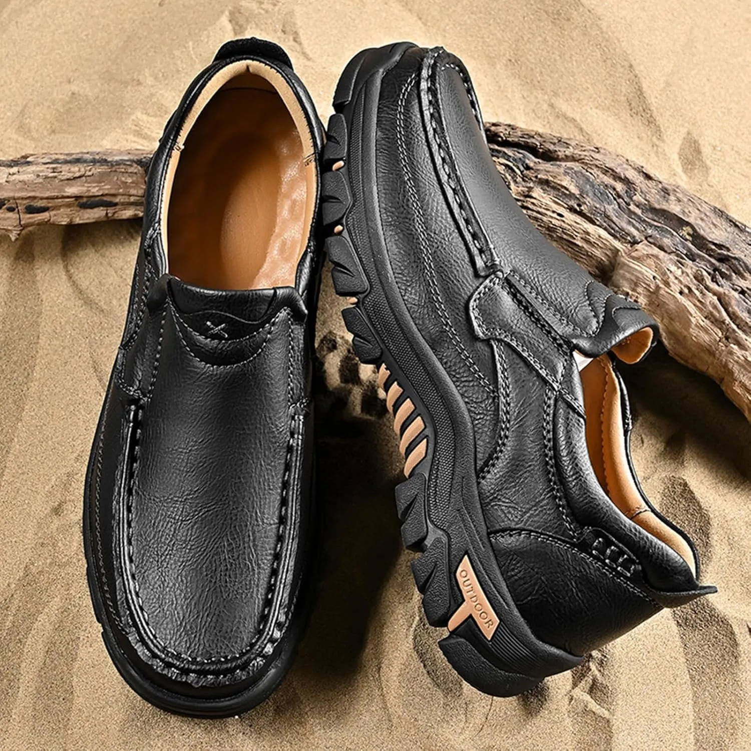 Mens Outdoor Leather Casual Loafers Non-Slip Lightweight Walking Driving Hiking Shoes