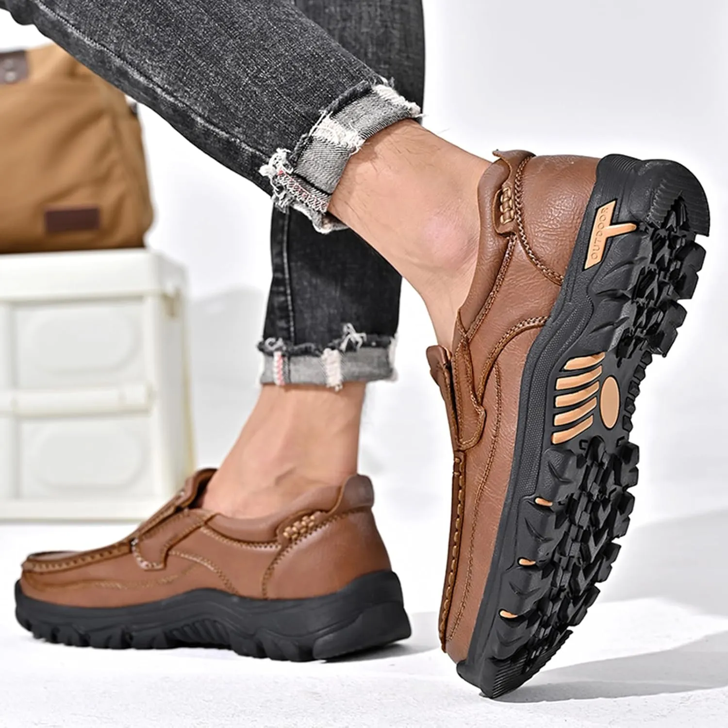 Mens Outdoor Leather Casual Loafers Non-Slip Lightweight Walking Driving Hiking Shoes