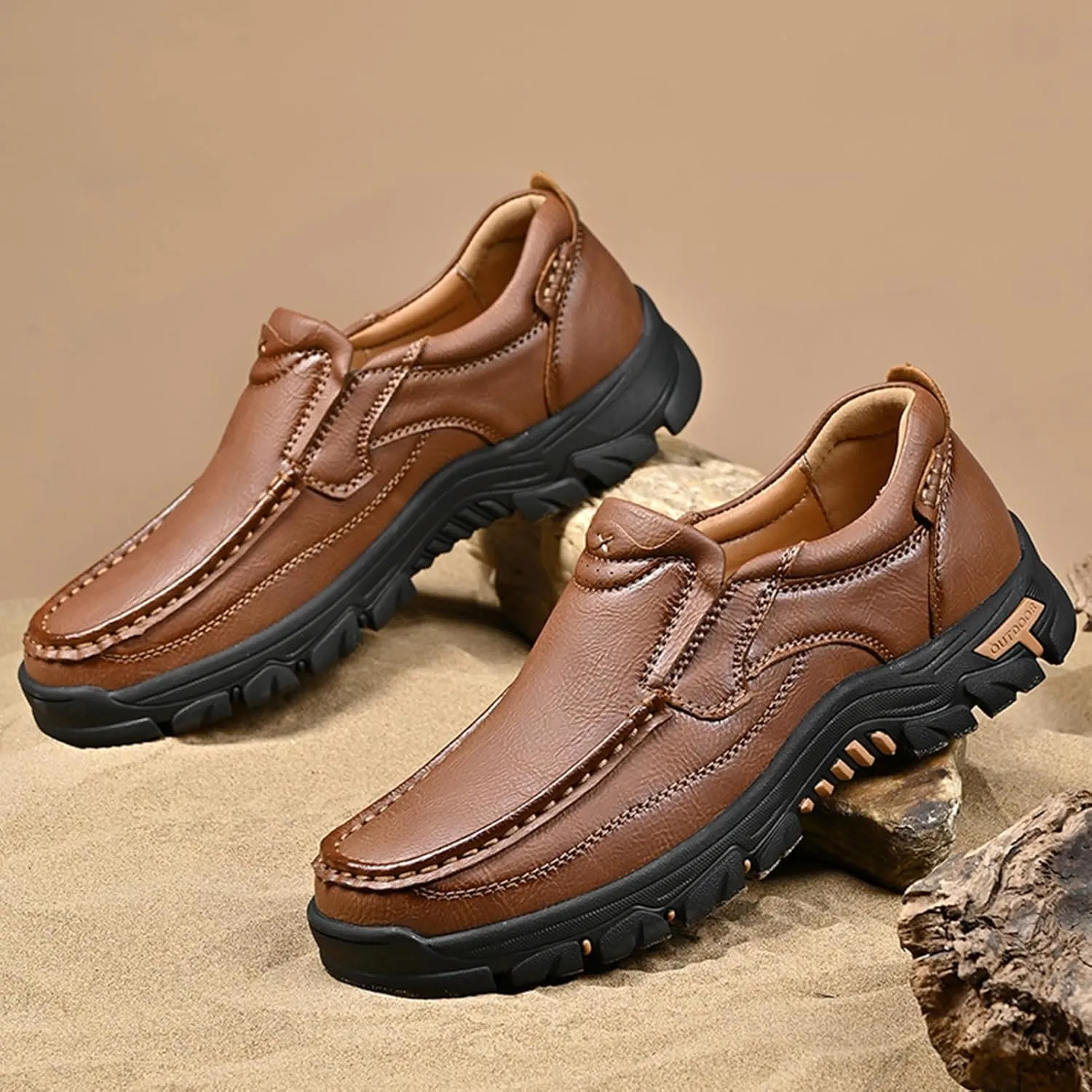Mens Outdoor Leather Casual Loafers Non-Slip Lightweight Walking Driving Hiking Shoes
