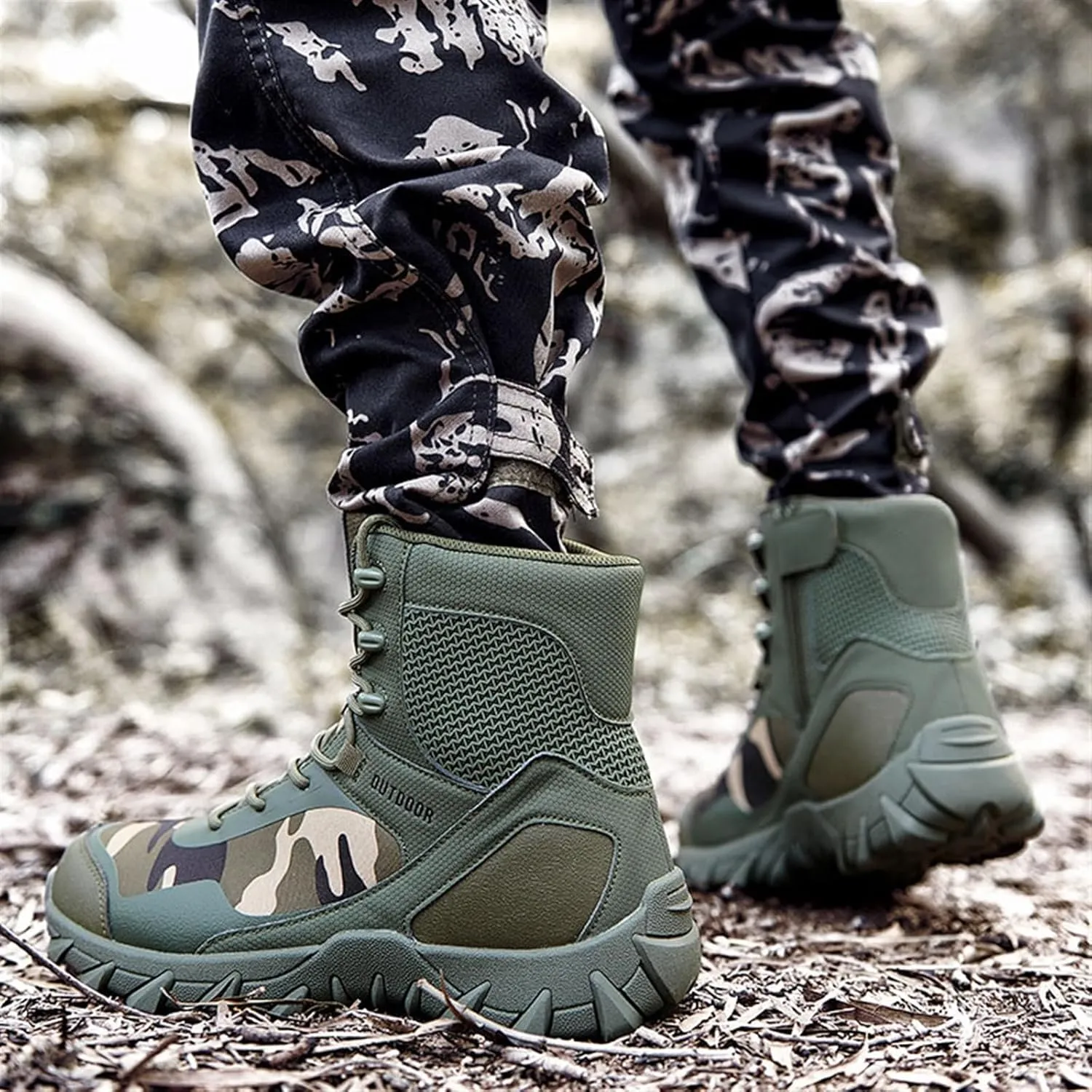 Mens Plus Size Lace Up Breathable Waterproof Non Slip Combat Boots, Mens Camouflage Casual High Top Side Zipper Tactical Safety Boots, for Hiking, Hunting, Working, Climbing