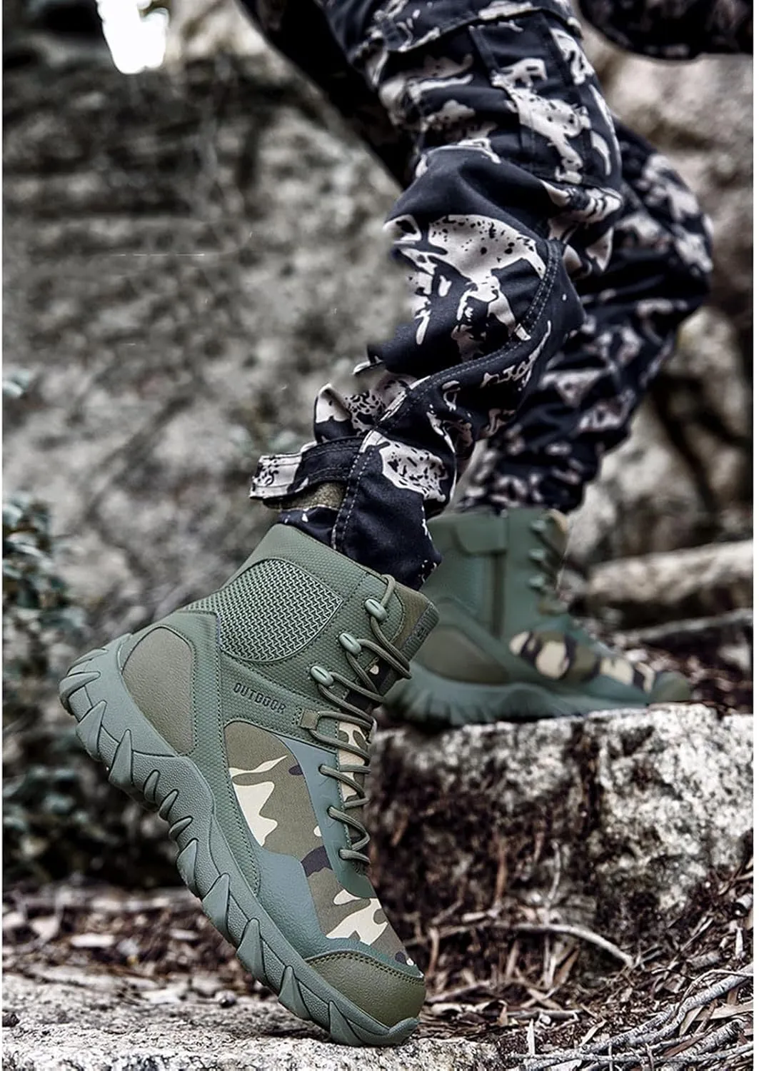 Mens Plus Size Lace Up Breathable Waterproof Non Slip Combat Boots, Mens Camouflage Casual High Top Side Zipper Tactical Safety Boots, for Hiking, Hunting, Working, Climbing