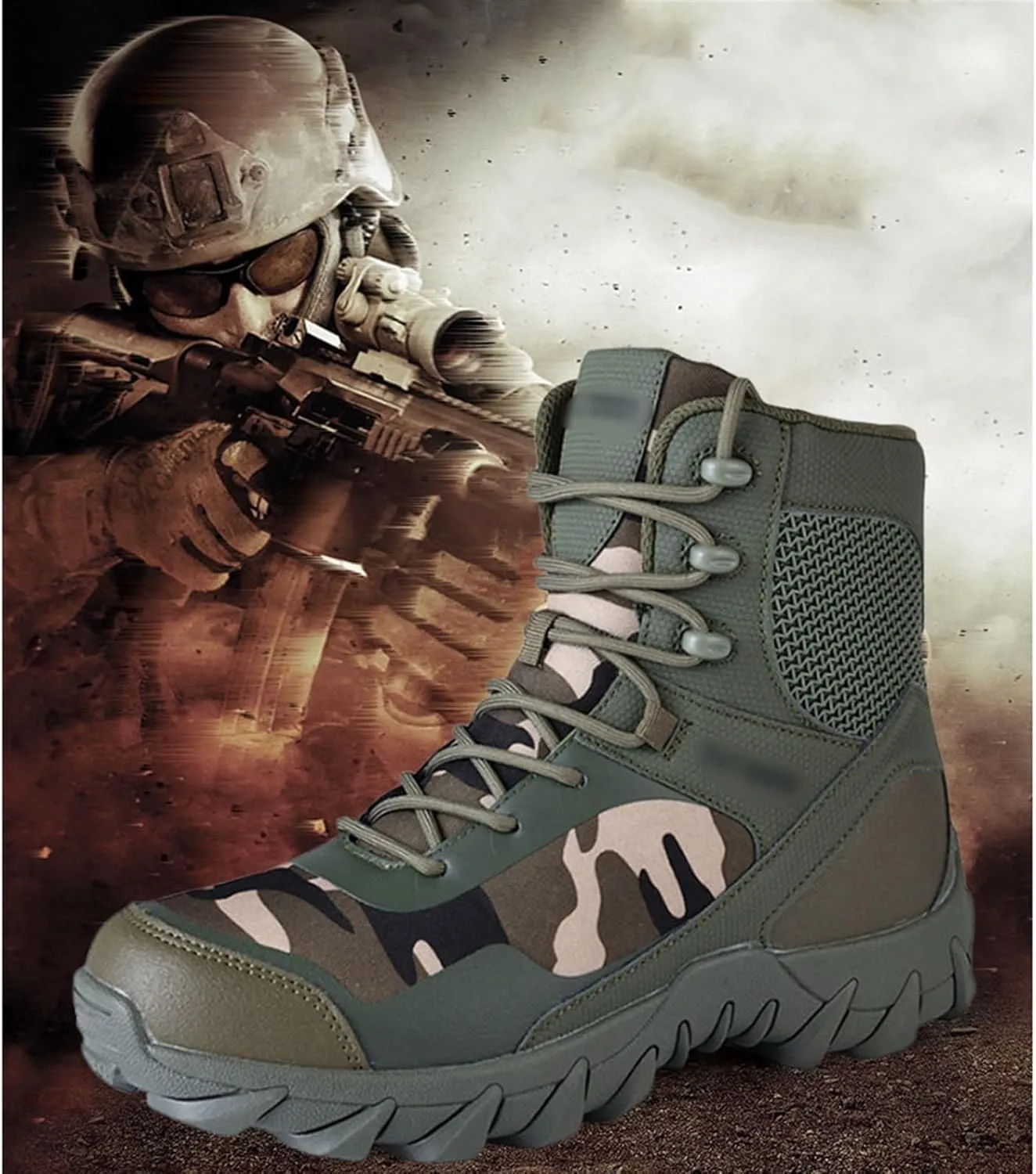 Mens Plus Size Lace Up Breathable Waterproof Non Slip Combat Boots, Mens Camouflage Casual High Top Side Zipper Tactical Safety Boots, for Hiking, Hunting, Working, Climbing