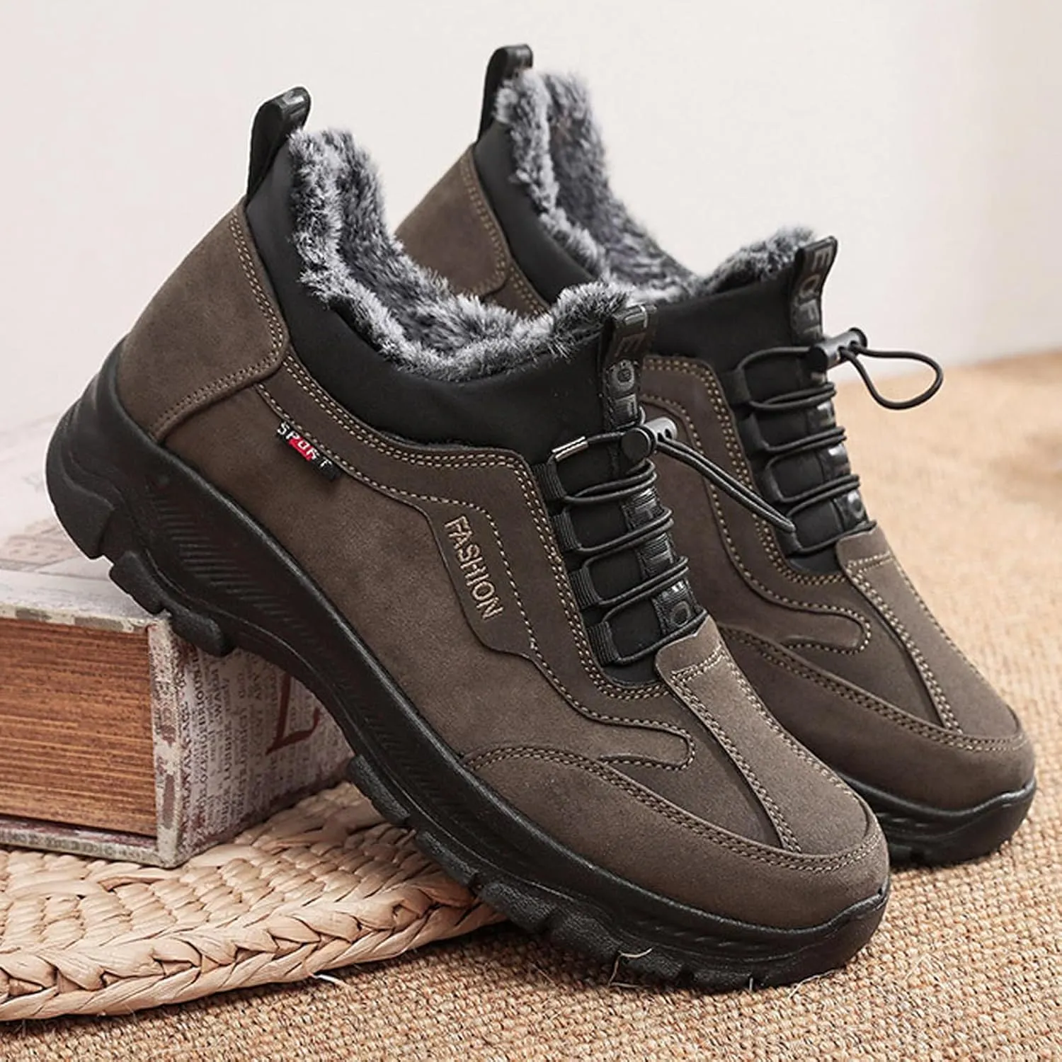 Men's Waterproof Fur Lined Warm Snow Hiking Boots,Comfortable Elastic Lace Up Anti Slip Hike Trekking Trails Work Shoe Backpacking Camping Walking Booties