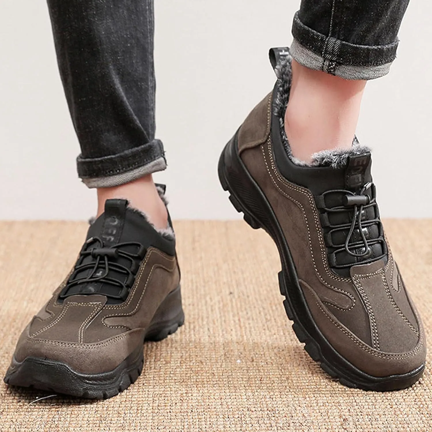 Men's Waterproof Fur Lined Warm Snow Hiking Boots,Comfortable Elastic Lace Up Anti Slip Hike Trekking Trails Work Shoe Backpacking Camping Walking Booties