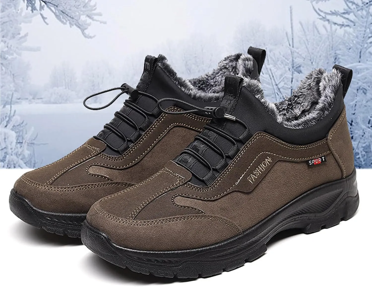 Men's Waterproof Fur Lined Warm Snow Hiking Boots,Comfortable Elastic Lace Up Anti Slip Hike Trekking Trails Work Shoe Backpacking Camping Walking Booties