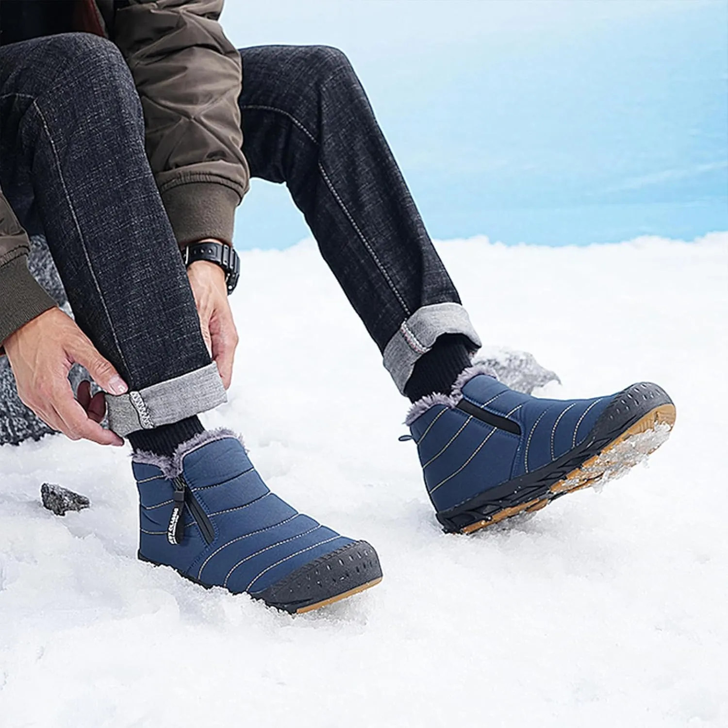 Mens Winter Warm Snow Boots Fur Lined Waterproof Winter Shoes Retro Anti-Collision Round Toe Side Zipper Anti-Slip Lightweight Ankle Boot