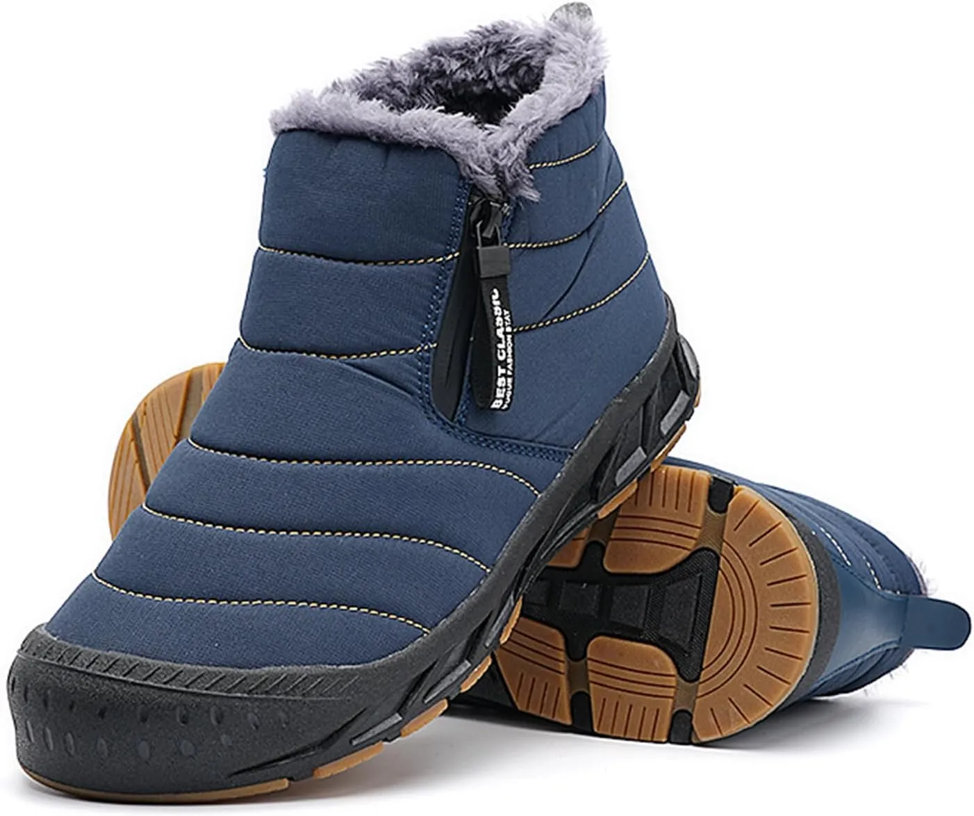 Mens Winter Warm Snow Boots Fur Lined Waterproof Winter Shoes Retro Anti-Collision Round Toe Side Zipper Anti-Slip Lightweight Ankle Boot