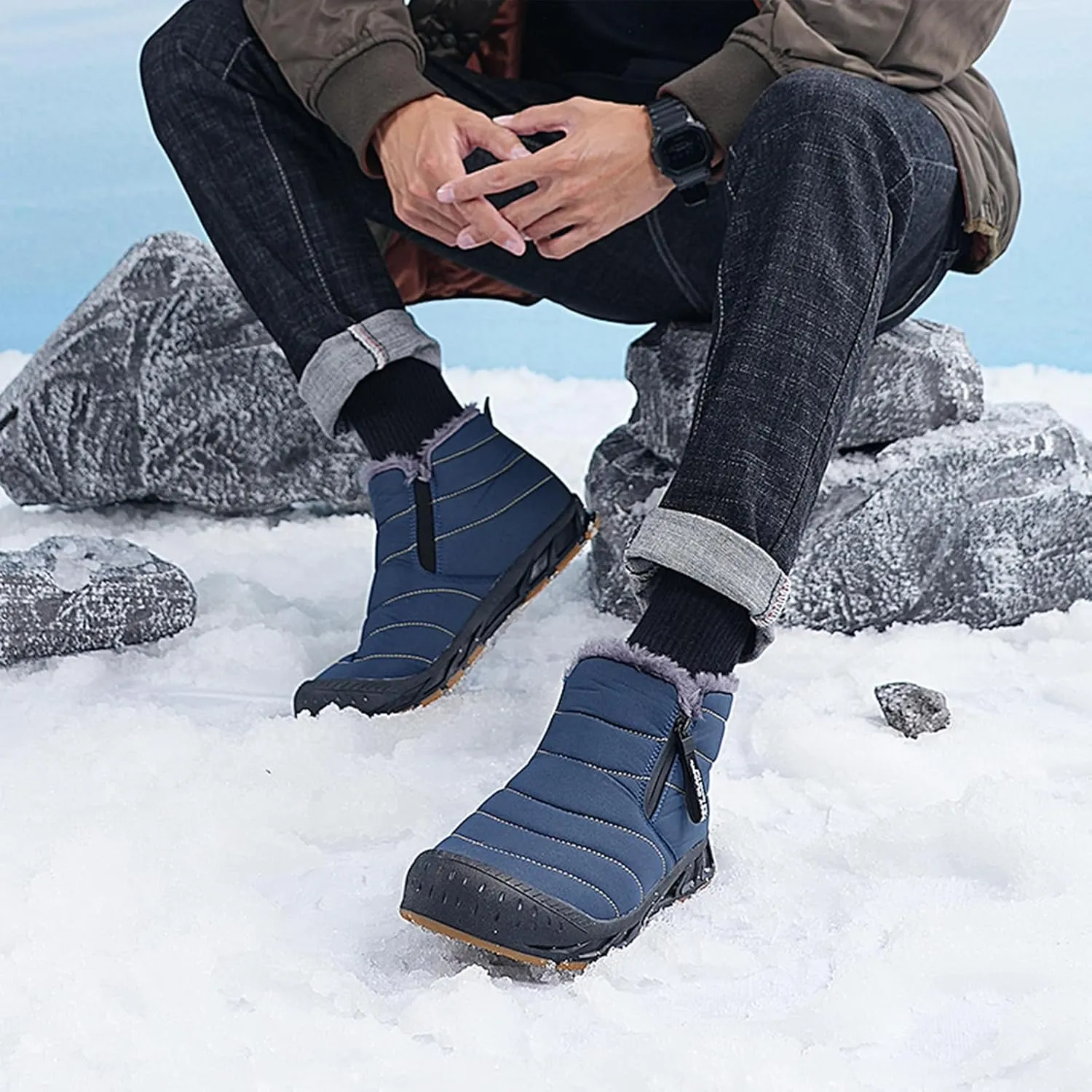 Mens Winter Warm Snow Boots Fur Lined Waterproof Winter Shoes Retro Anti-Collision Round Toe Side Zipper Anti-Slip Lightweight Ankle Boot