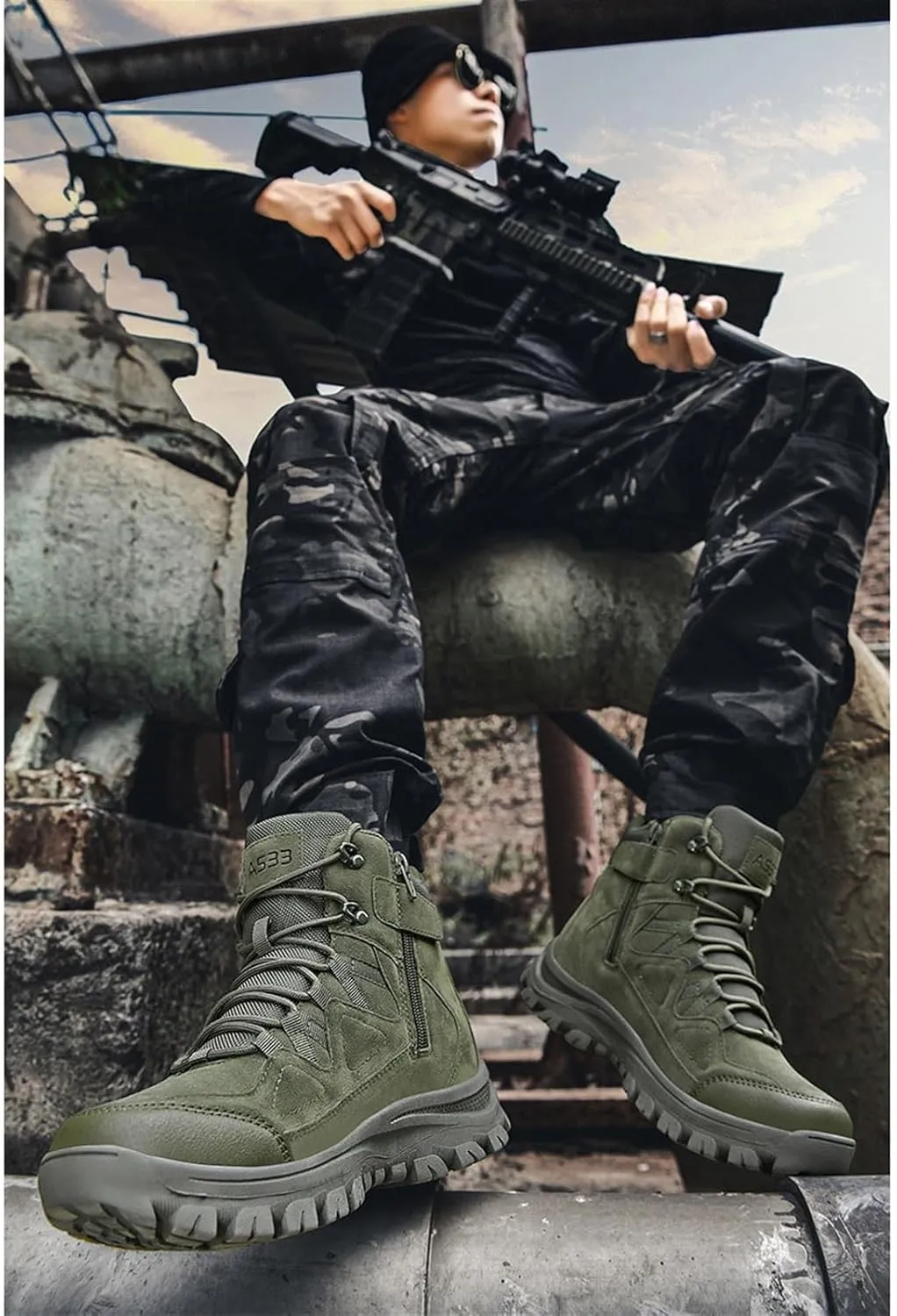 Men's Work Boots Side Zipper, Mens Outdoor Sports Lace Up Breathable High Top Side Zipper Tactical Boots, Durable Tactical Safety Patrol Boots, for Camping, Hiking, Jungle Combat