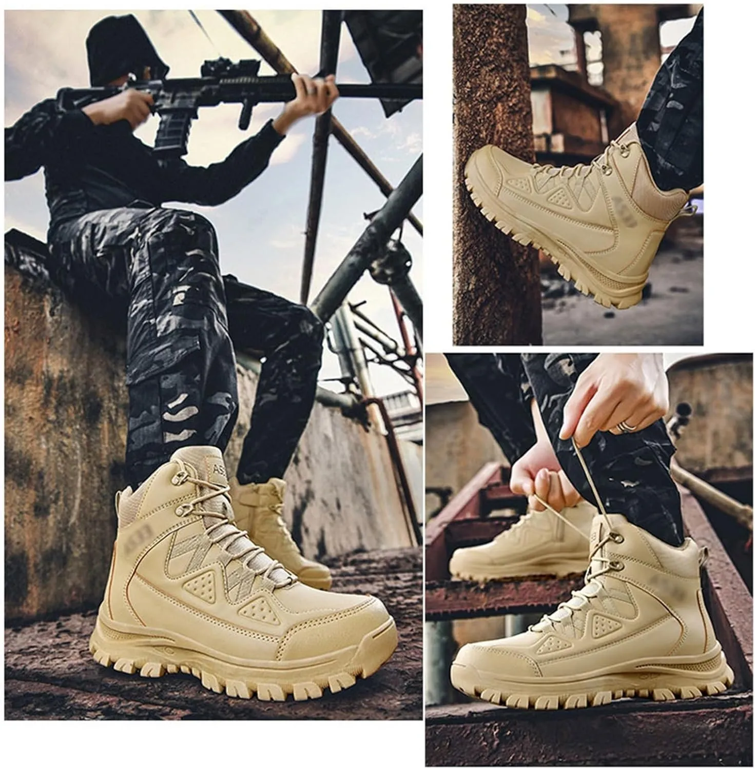 Men's Work Boots Side Zipper, Mens Outdoor Sports Lace Up Breathable High Top Side Zipper Tactical Boots, Durable Tactical Safety Patrol Boots, for Camping, Hiking, Jungle Combat