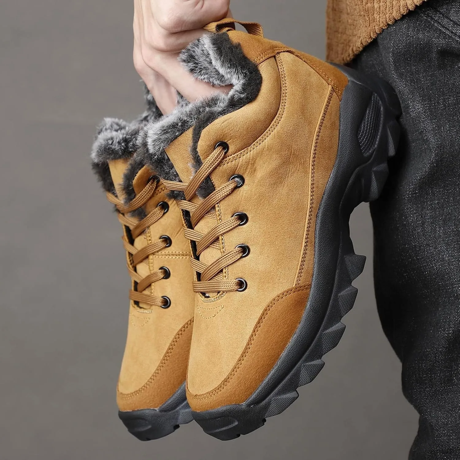 Men's Work Boots Soft Toe Hiking Sneakers Warm Fur Lined Womens Workout Shoes Slip Resistant Wide Outdoor Shoes Slip on Loafers Hike Grounded Footwear