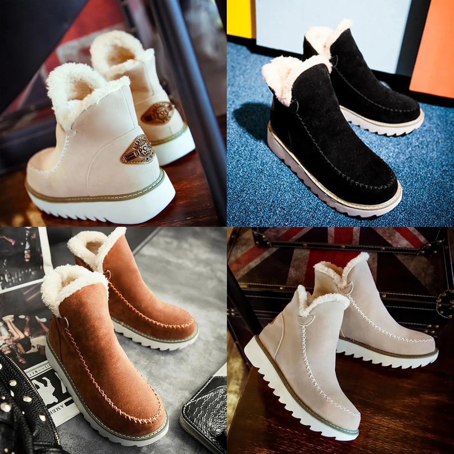 MOYOWEI Women's Winter Suede High Snow Boots,Lightweight Cozy Thermal Fur Lining w/Cushion Foam Non-slip Waterproof Ankle Booties