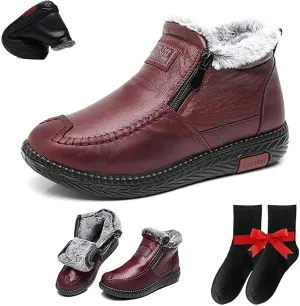 New Fleece Thickened Warm Snow Boots, Wide Fit Ankle Boots for Women Waterproof Leather Side Zipper Non Slip Boots