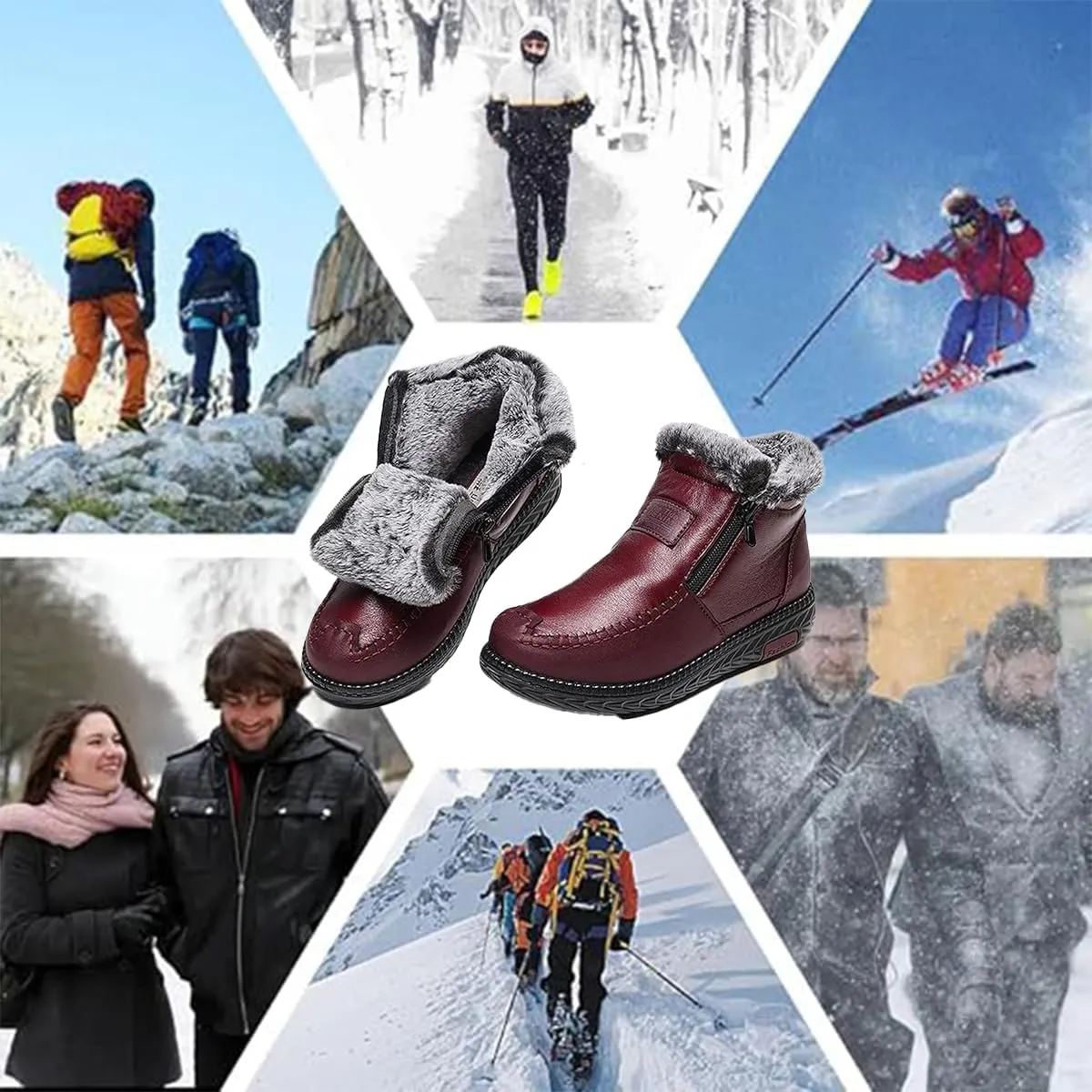 New Fleece Thickened Warm Snow Boots, Wide Fit Ankle Boots for Women Waterproof Leather Side Zipper Non Slip Boots
