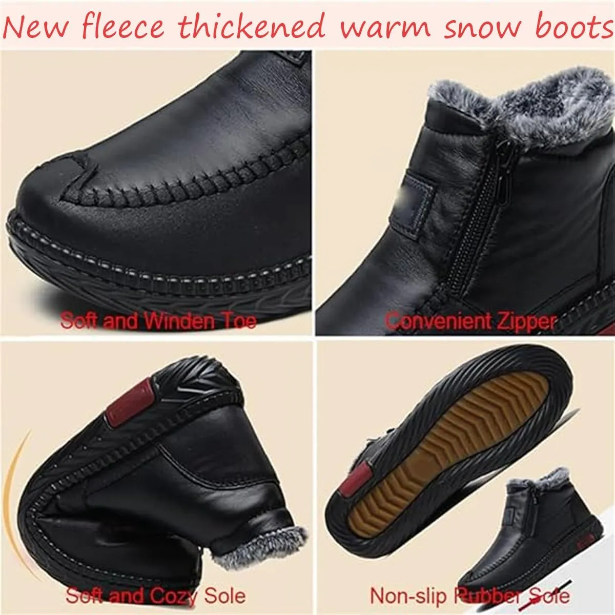 New Fleece Thickened Warm Snow Boots, Wide Fit Ankle Boots for Women Waterproof Leather Side Zipper Non Slip Boots