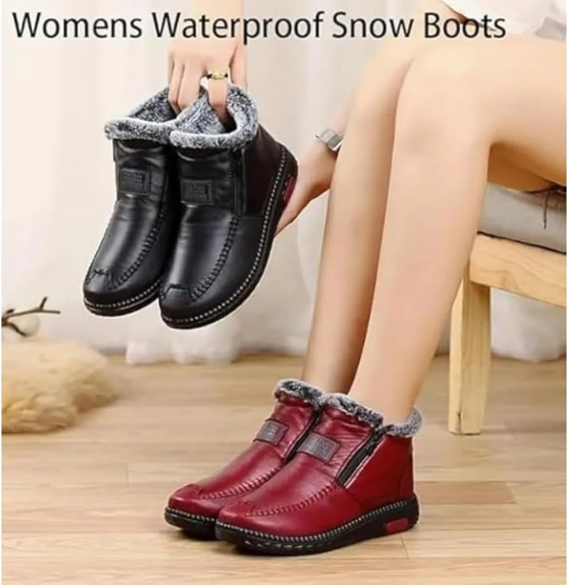 New Fleece Thickened Warm Snow Boots, Wide Fit Ankle Boots for Women Waterproof Leather Side Zipper Non Slip Boots
