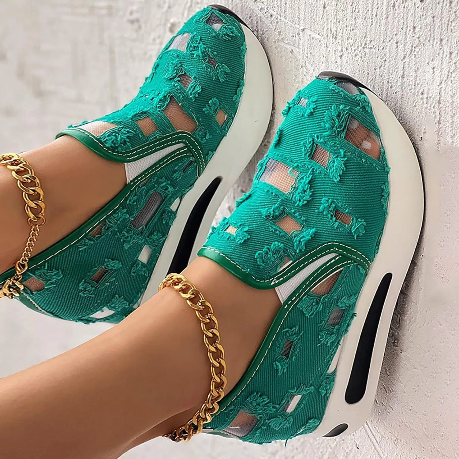 Platform Wedge Sneakers for Women Fashion Breathable Hollow Out Mesh Shoes Summer Lightweight Chunky Sole High Heels Slip on Loafers with Arch Support